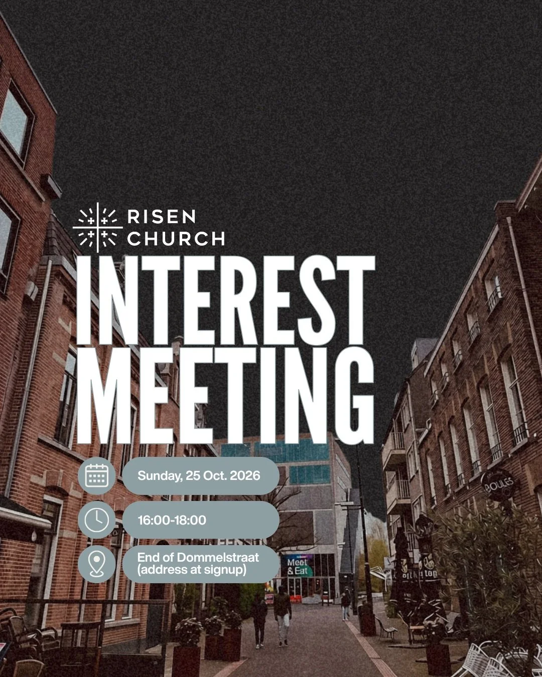 You're invited!

Join us for an afternoon of worship, hearing the story and vision behind Risen Church Eindhoven, and connecting with others.

Whether you're curious about Risen or looking for a community to be part of, we'd love to meet you!

🗓 Sun