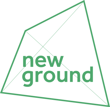 Logo with the words 'new ground' inside a geometric shape with intersecting lines.