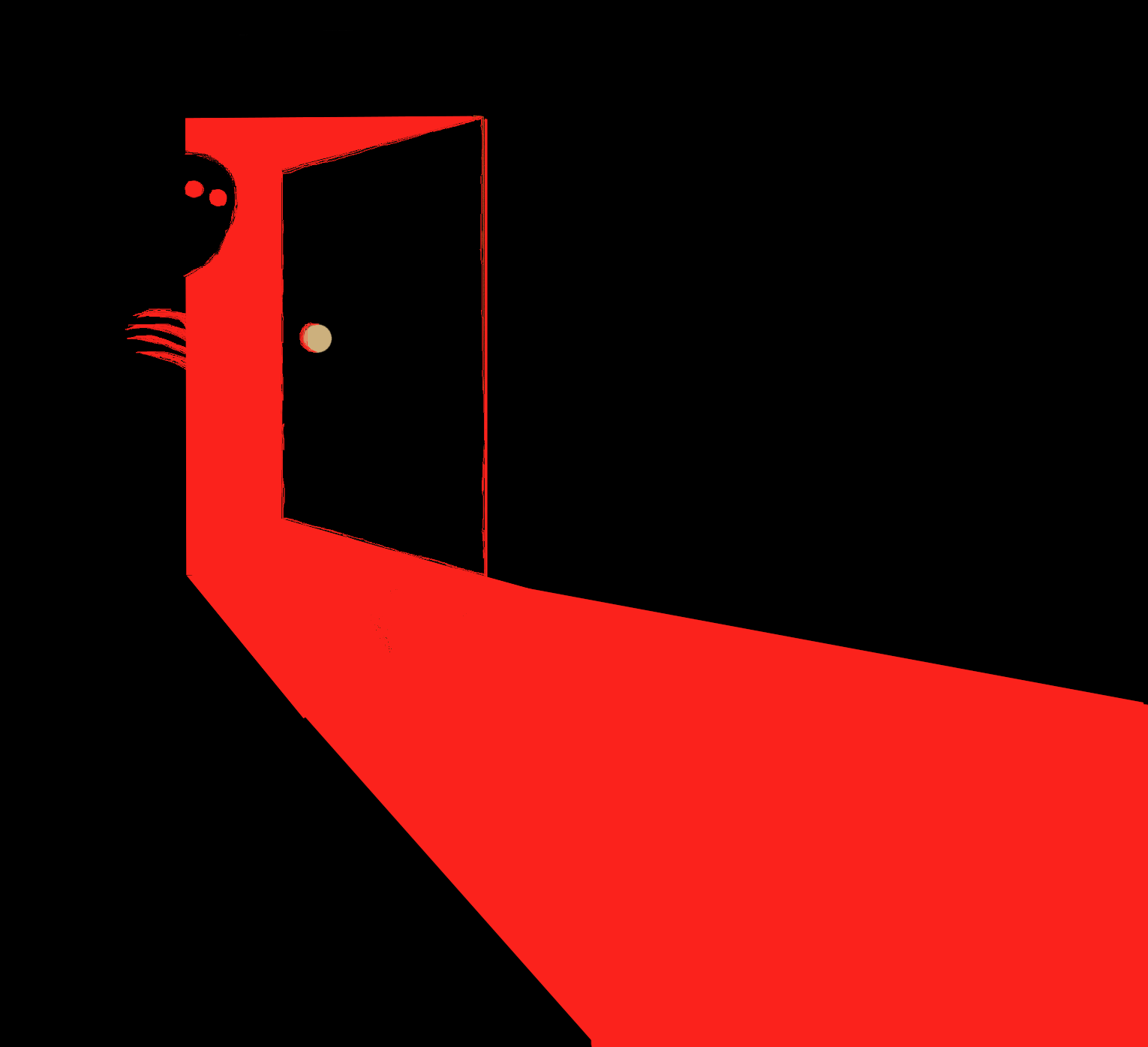 A person peeking from behind a black door, with a red shadow extending from the door onto a black background – part of the nightmarescenar.io nightmare scenario logo