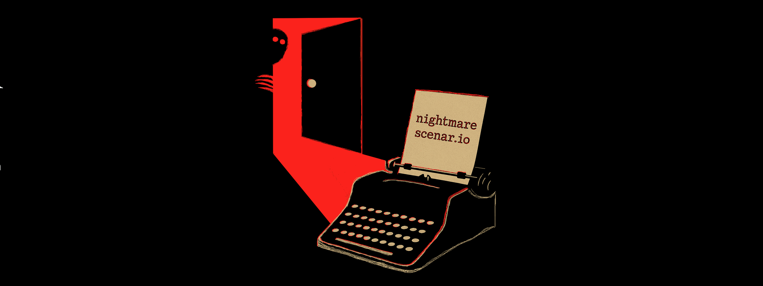 Vintage typewriter with a sheet of paper that reads "nightmare scenar.io" and a red shadow of a figure looming over