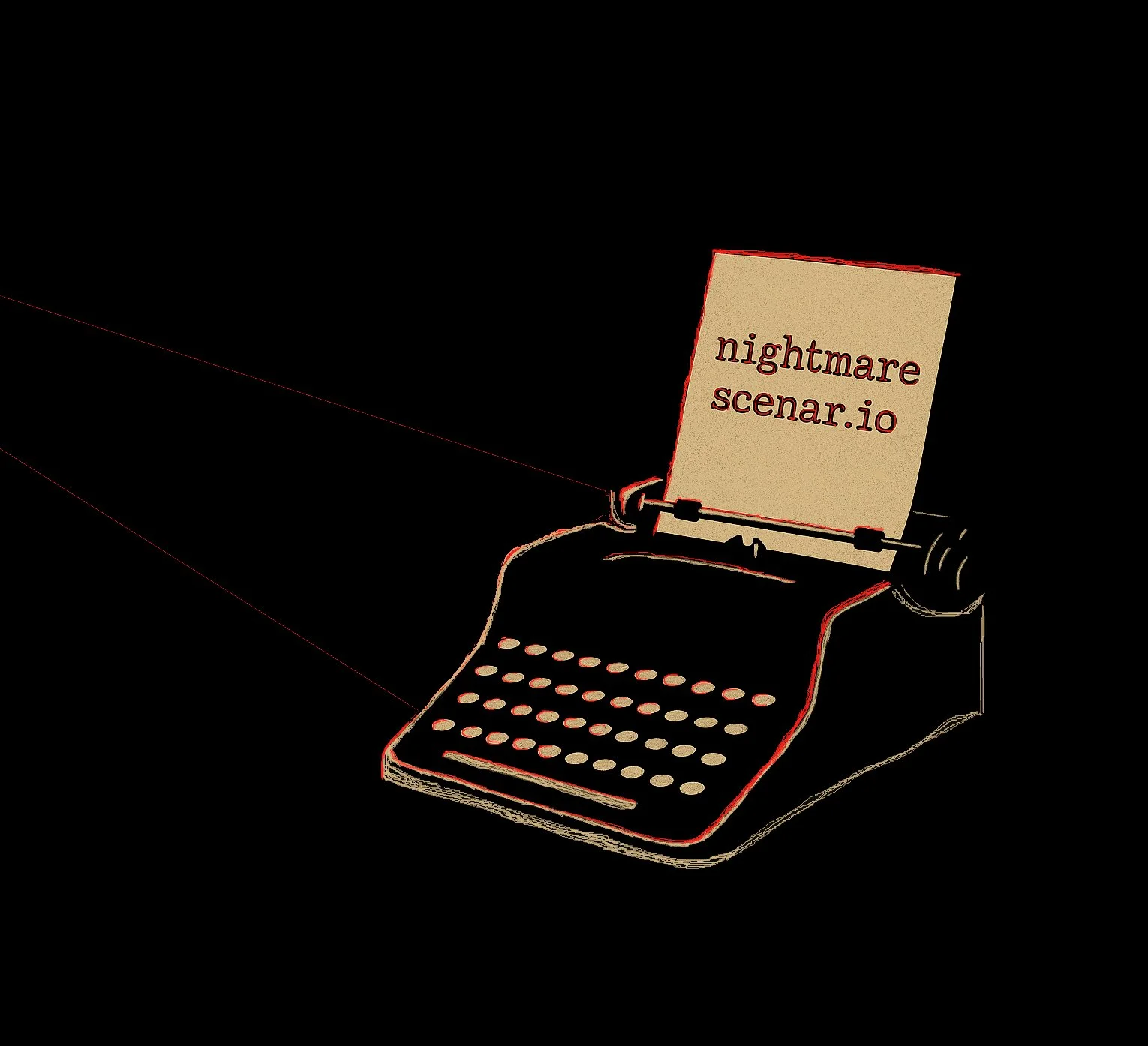 A vintage typewriter with a sheet of paper that reads 'nightmare scenar.io' on a black background.