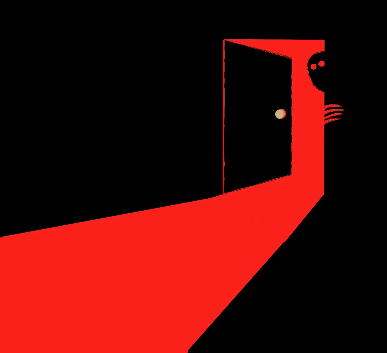 the nightmare sceanrio logo: a black background with a red platform leading to a red door, which is slightly open, revealing a dark interior. A shadowy figure with glowing red eyes and elongated fingers is peeking out from behind the door.