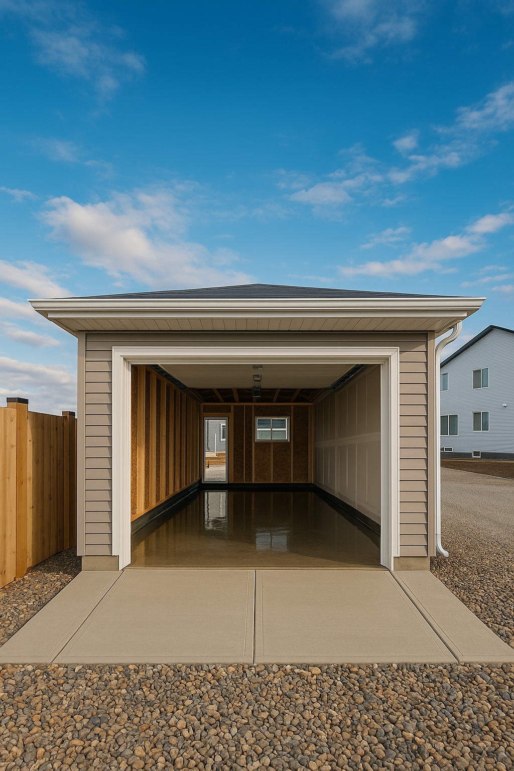 Empty newly built garage with an open door, interior with exposed wood framing and a small window, concrete floor, and a paved driveway in front.