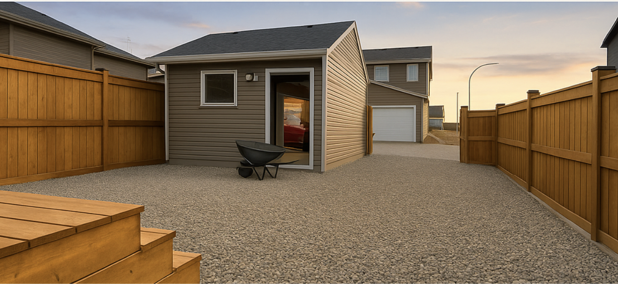 Backyard with gravel ground, wooden steps leading to a door, and a wooden privacy fence around the yard.