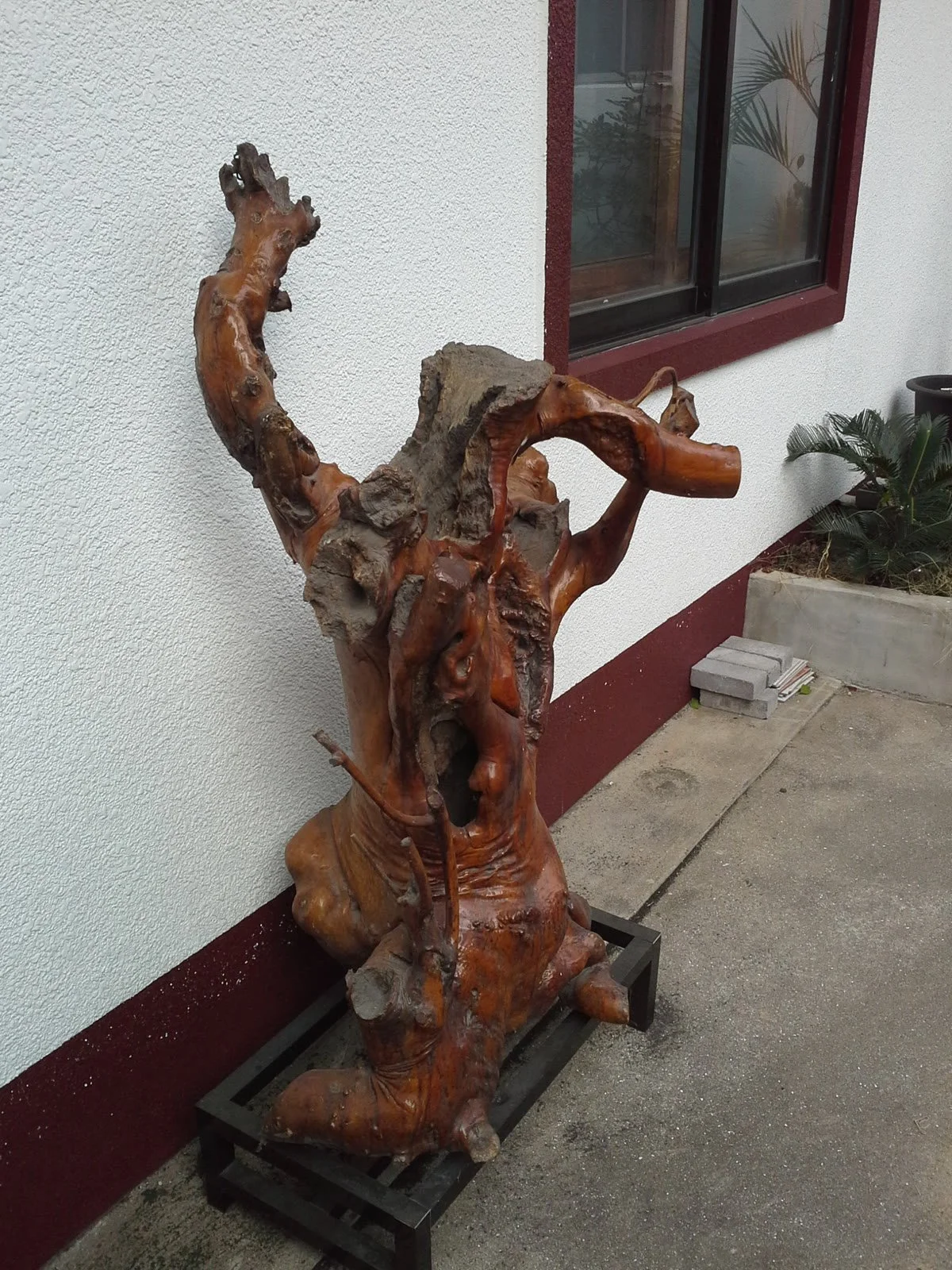 Carved tree-root sculpture left at the old motel