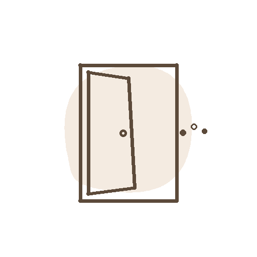 Disegno stilizzato di una porta aperta con effetti di ammaccature e fori, sfondo nero.