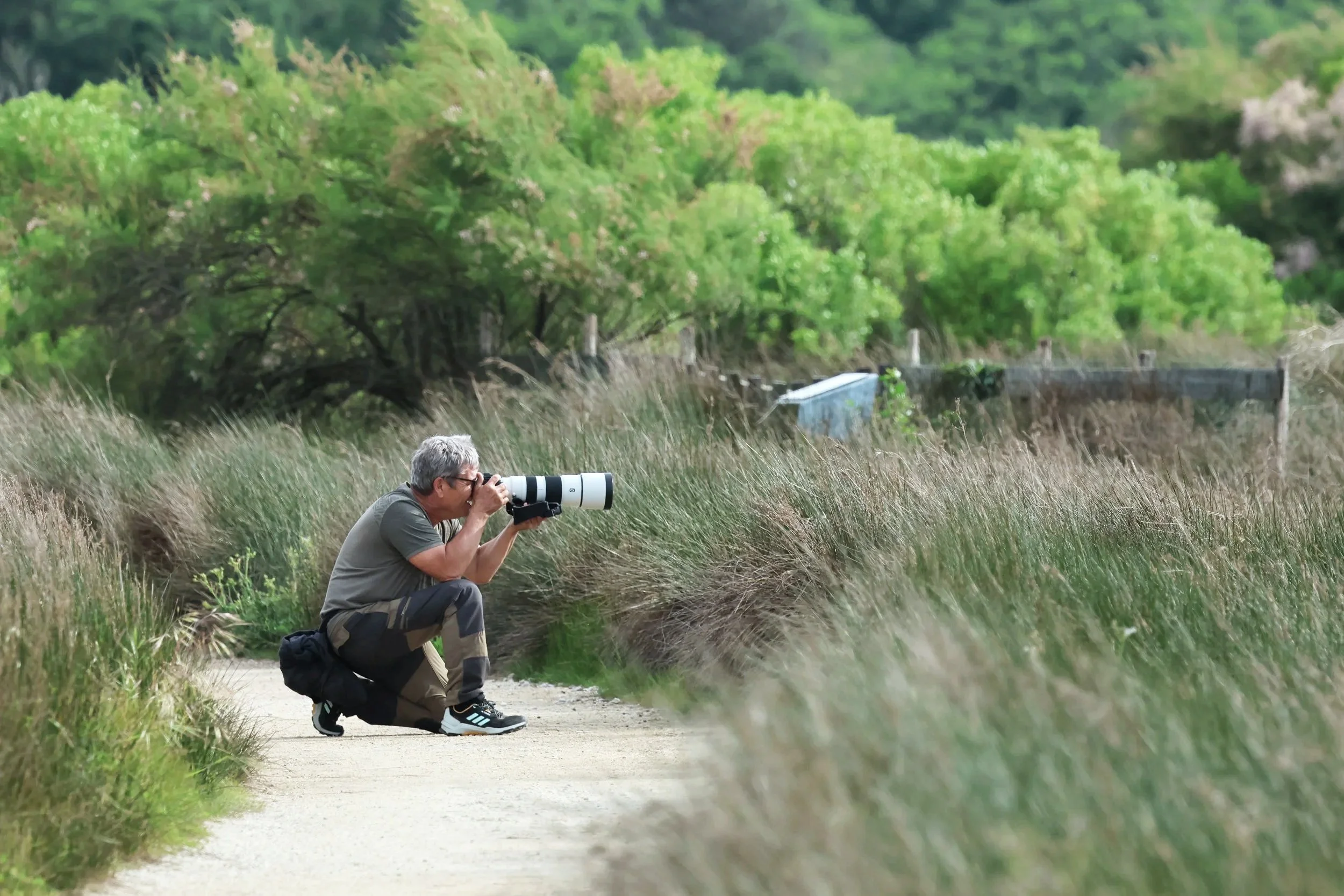Un homme avec un appareil photo à longue focale, en position accroupie, prenant une photo dans un environnement naturel avec des herbes grasses et des arbres en arrière-plan.