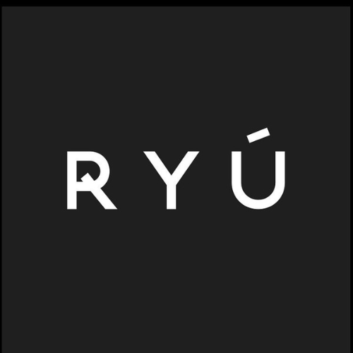 Logo for Ryú with black background with the word RYÚ in white letters.
