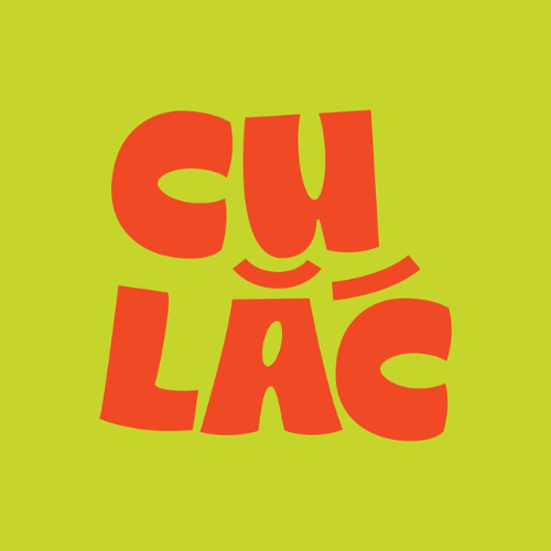 Logo for Culac in a bright lime green background with large, playful orange text, with wavy and tilted letters.