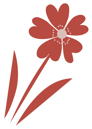 A stylized illustration of a red flower with four petals, a pink center, and two long, curved leaves.