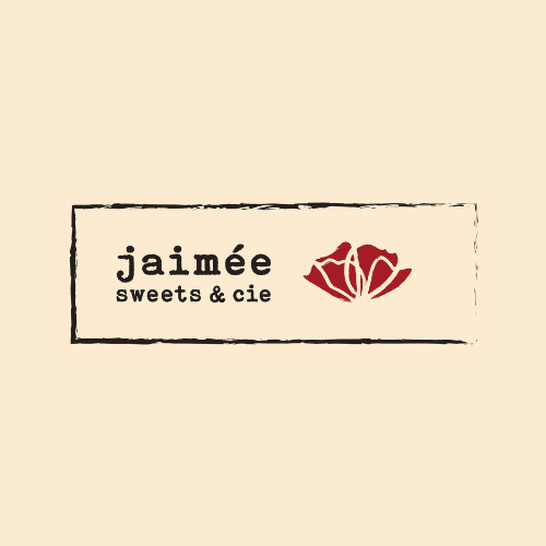 Logo for Jaimée Sweets & Cie with a red rose graphic.