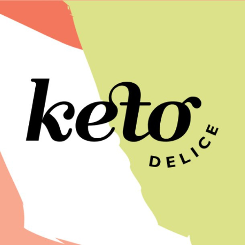 Logo for Keto Delice with stylized text and colorful abstract background.