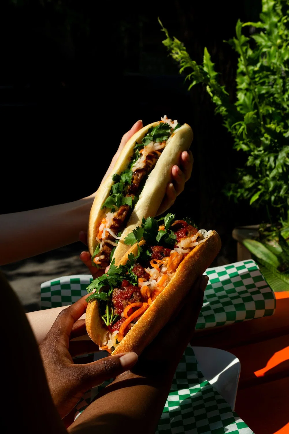 Two people holding Vietnamese banh mi sandwiches with fresh cilantro, vegetables, and meat, outdoors with green foliage in the background.