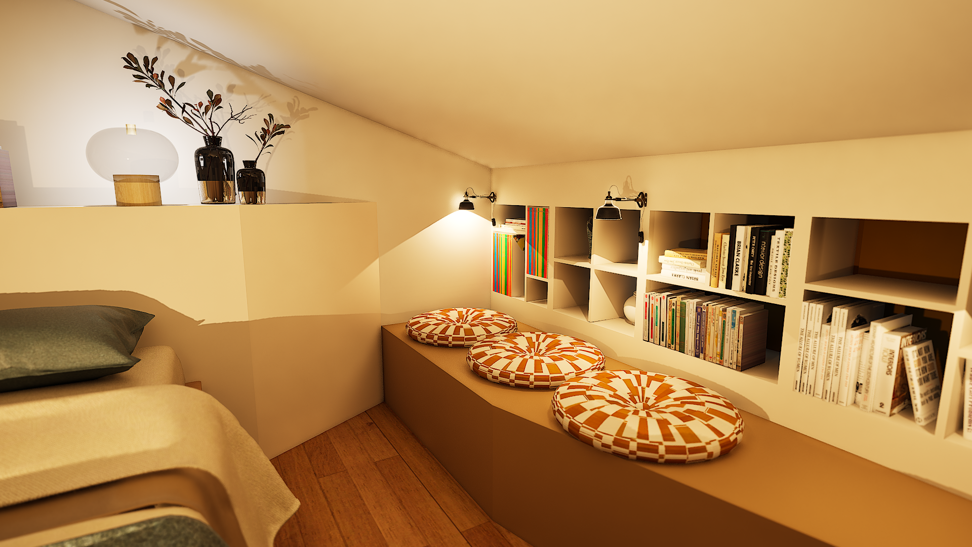 Rendu 3D Chambre sous combles rangement bibliothèque coffre sous banquette fermées mode assises