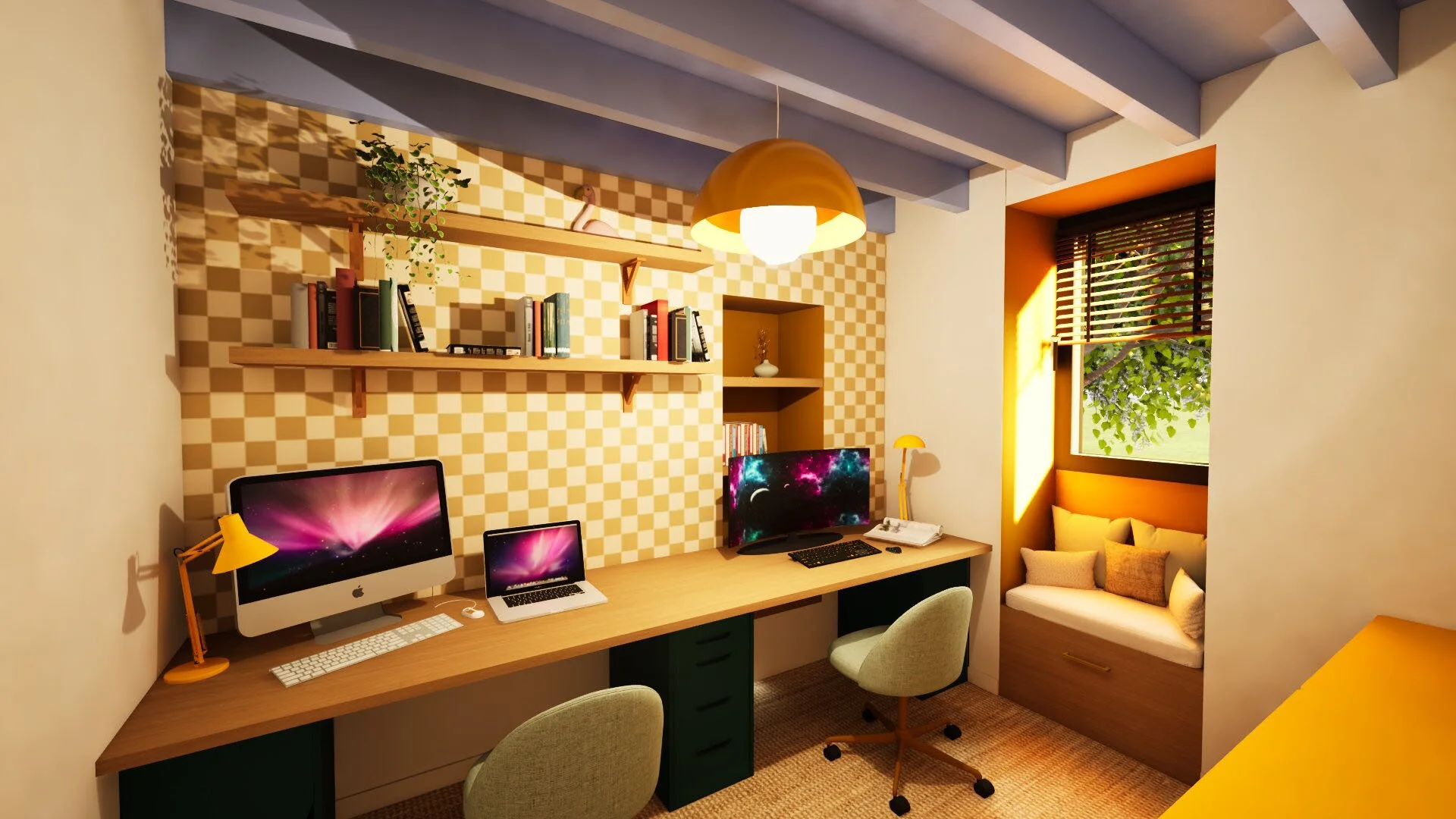 Rendu 3D bureau pop et coloré, damier et poutres lavande laquée