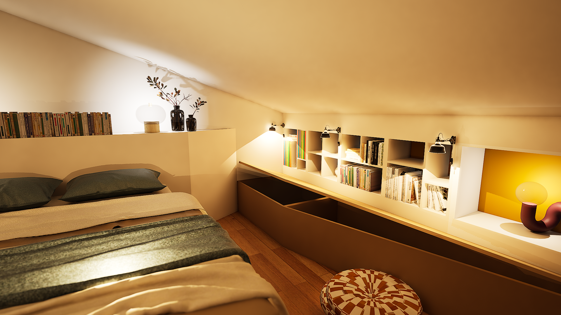 Rendu 3D Chambre sous combles rangement bibliothèque coffre sous banquette coffre ouvert mode rangement