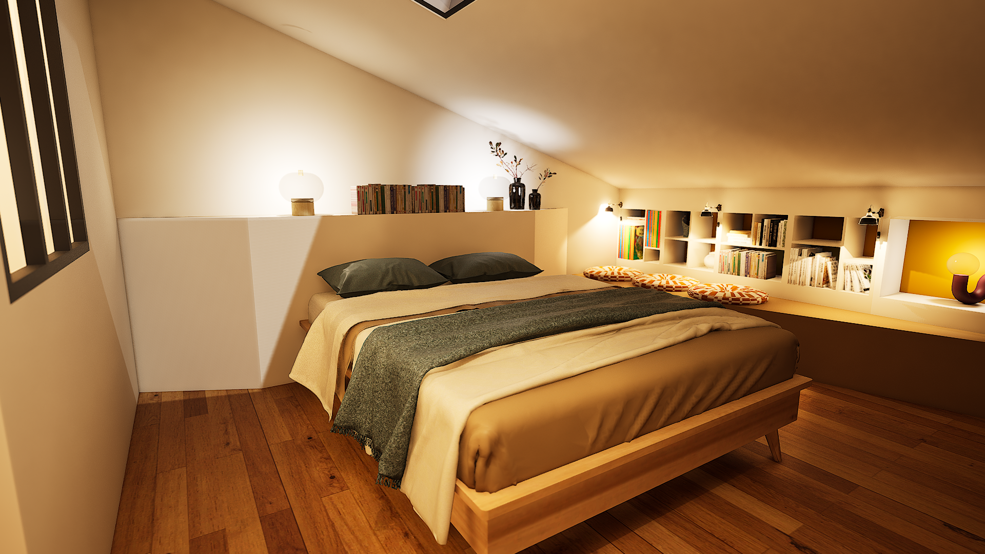 Rendu 3D Chambre sous combles avec rangements, bibliothèque et banquette