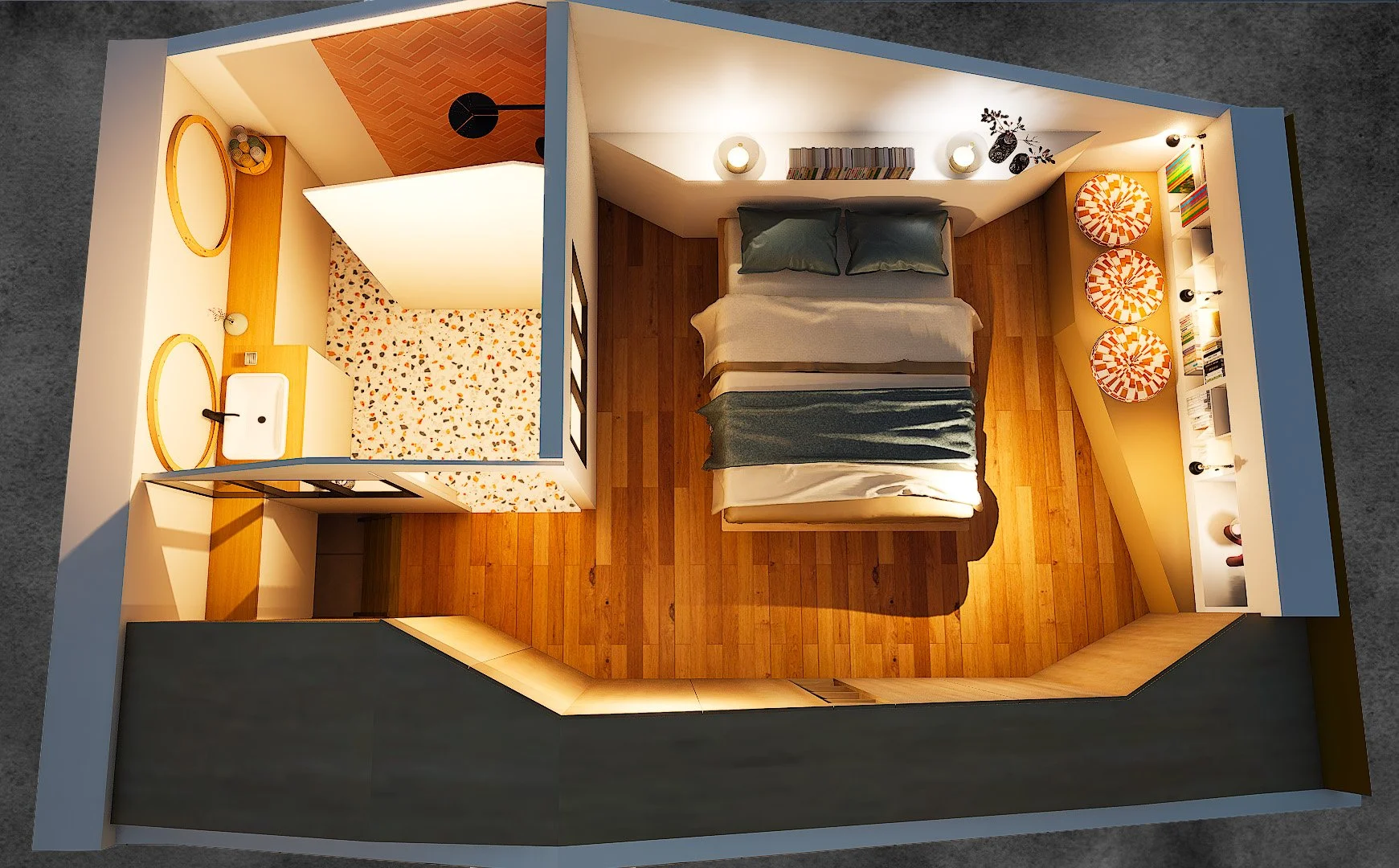 rendu 3D vu du dessus suite avec rangements sous comble et salle d'eau