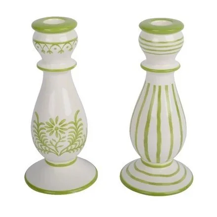 Floral & Stripe Candle Holder Set - Green & White