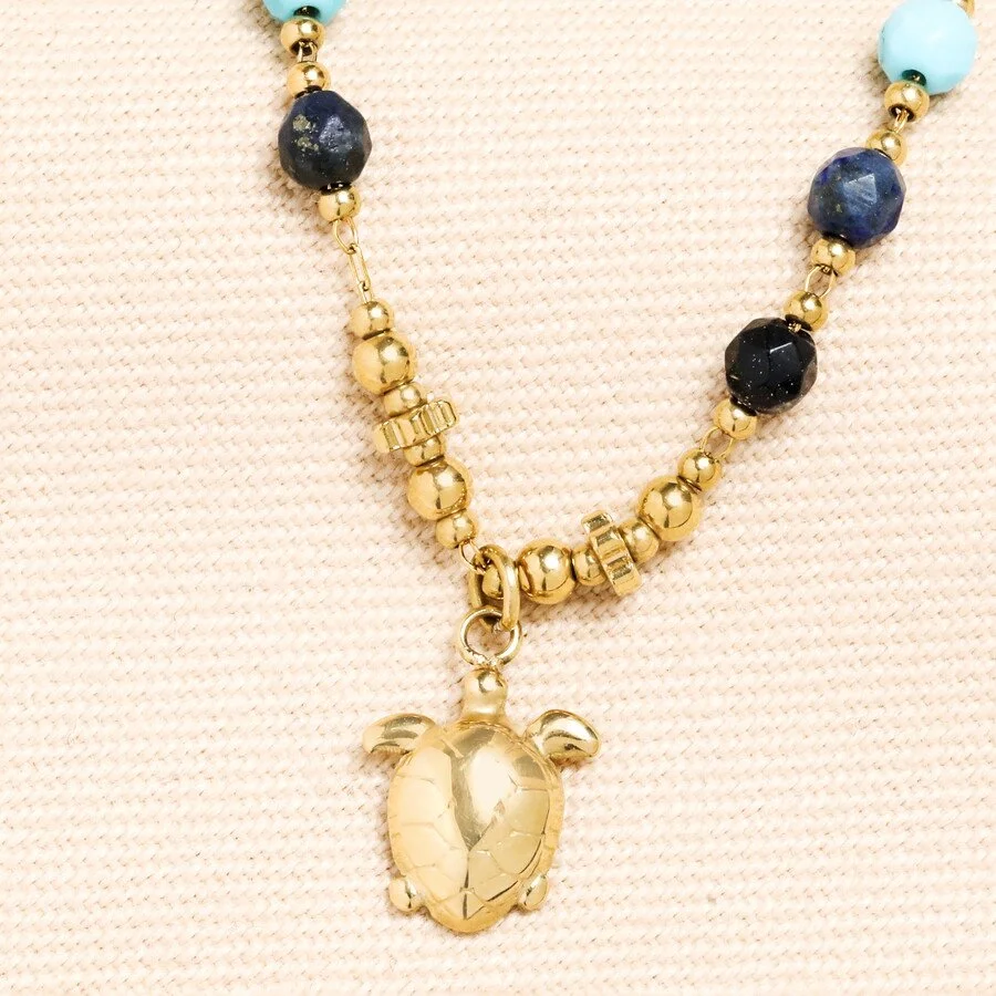 Semi Precious Beaded Blue Turtle Pendant Necklace in Gold