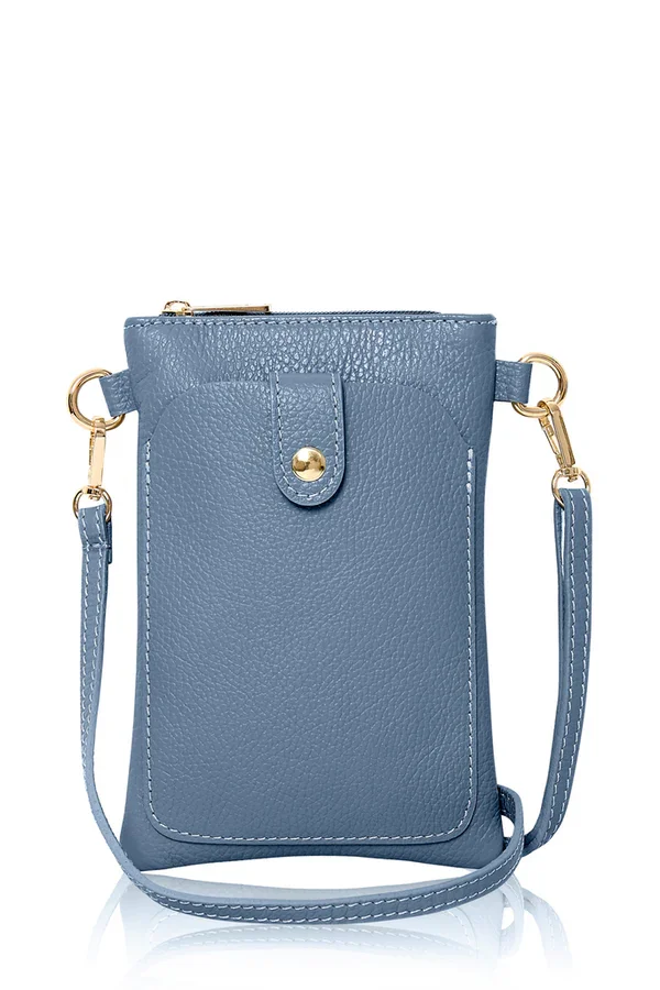 Italian Leather Crossbody Phone Bag - Denim Blue