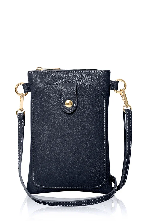 Italian Leather Crossbody Phone Bag - Navy Blue
