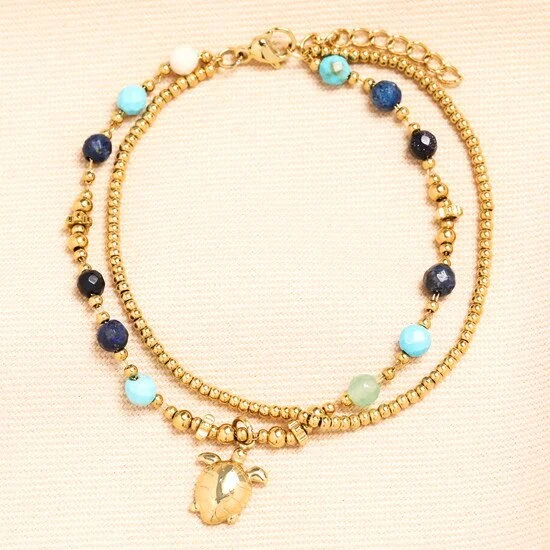 Semi Precious Beaded Blue Turtle Charm Bracelet in Gold