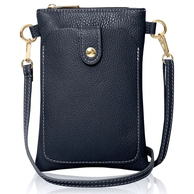 Italian Leather Crossbody Phone Bag - Navy Blue