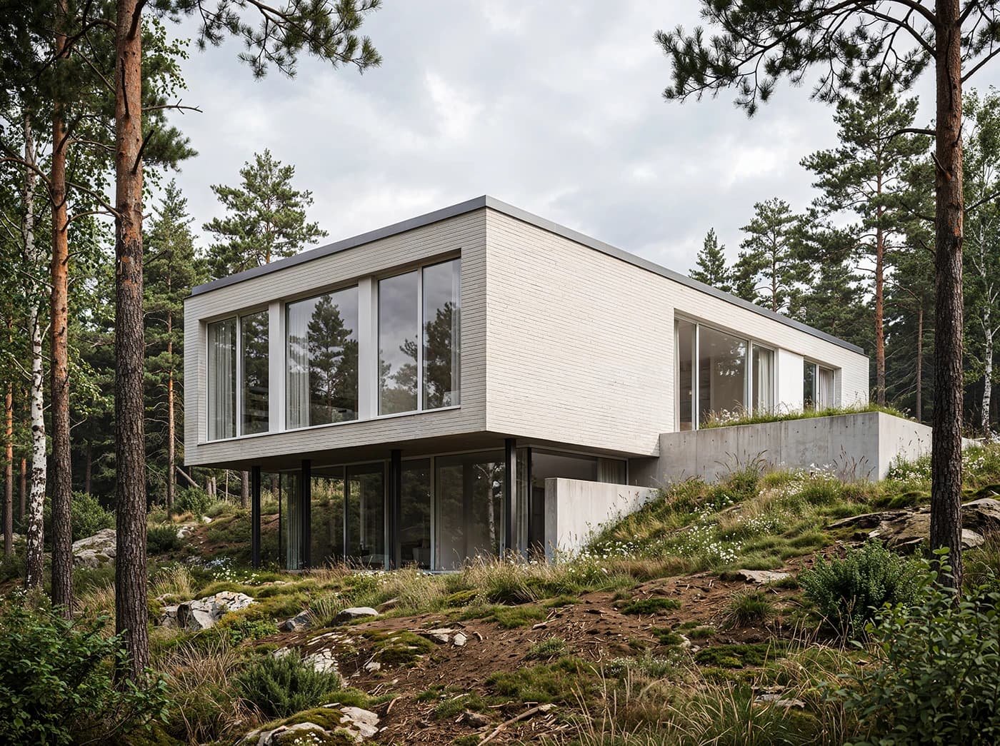 diseño exterior de casa tipo residencial en medio del bosque