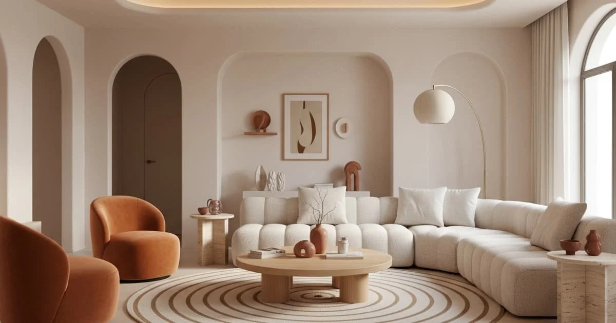 diseño de sala con Arcos y Muebles Curvos