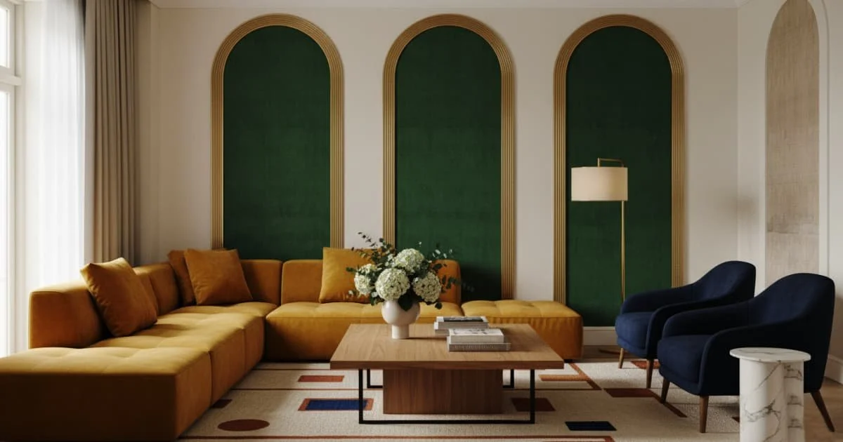 Estilo de sala: Combinación de verde, mostaza y azul marino
