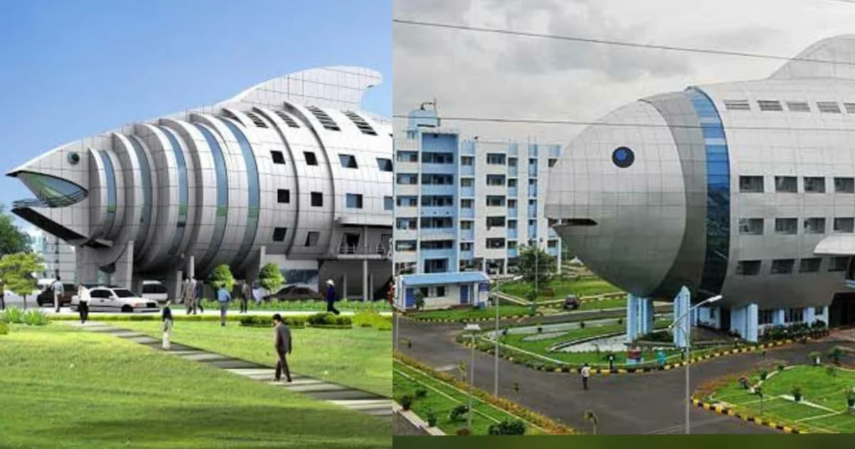 render de edificio en forma de pez y obra real