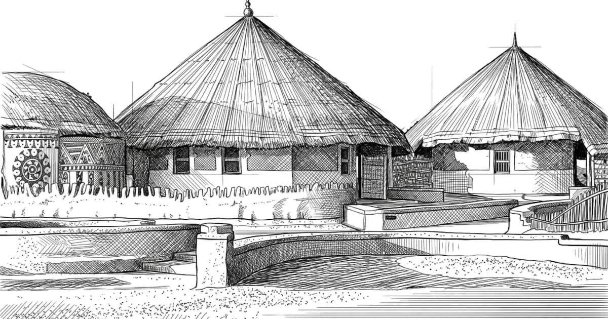 boceto a mano de casas hechas con adobe y paja