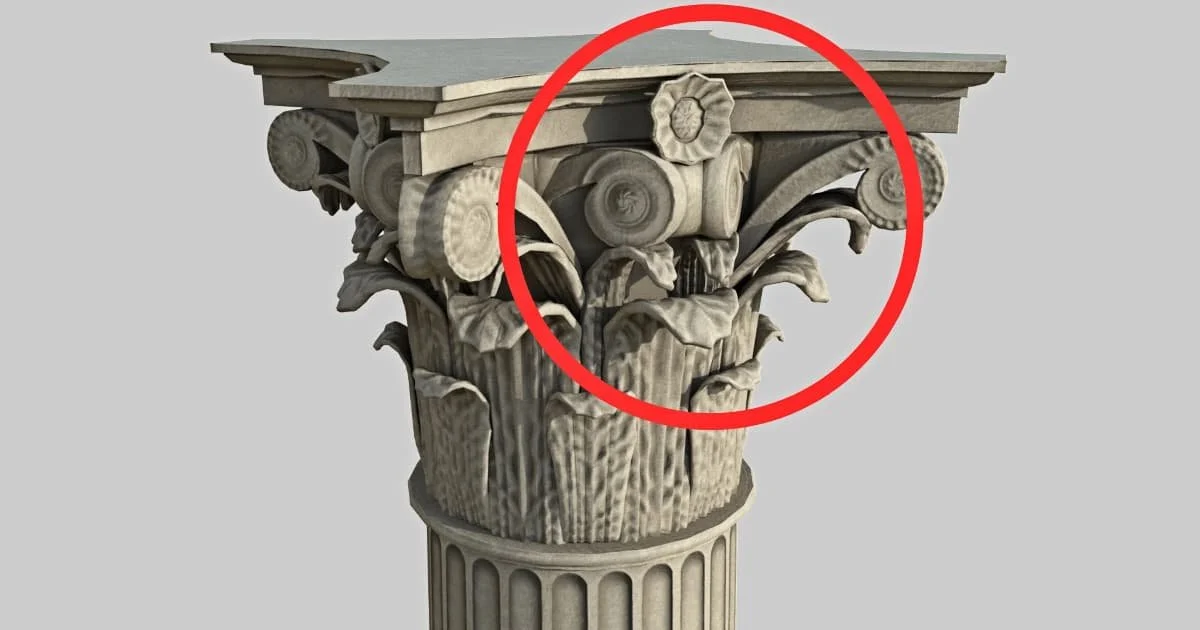 Capitel corintio detallado con hojas de acanto y volutas, ejemplo de arquitectura clásica
