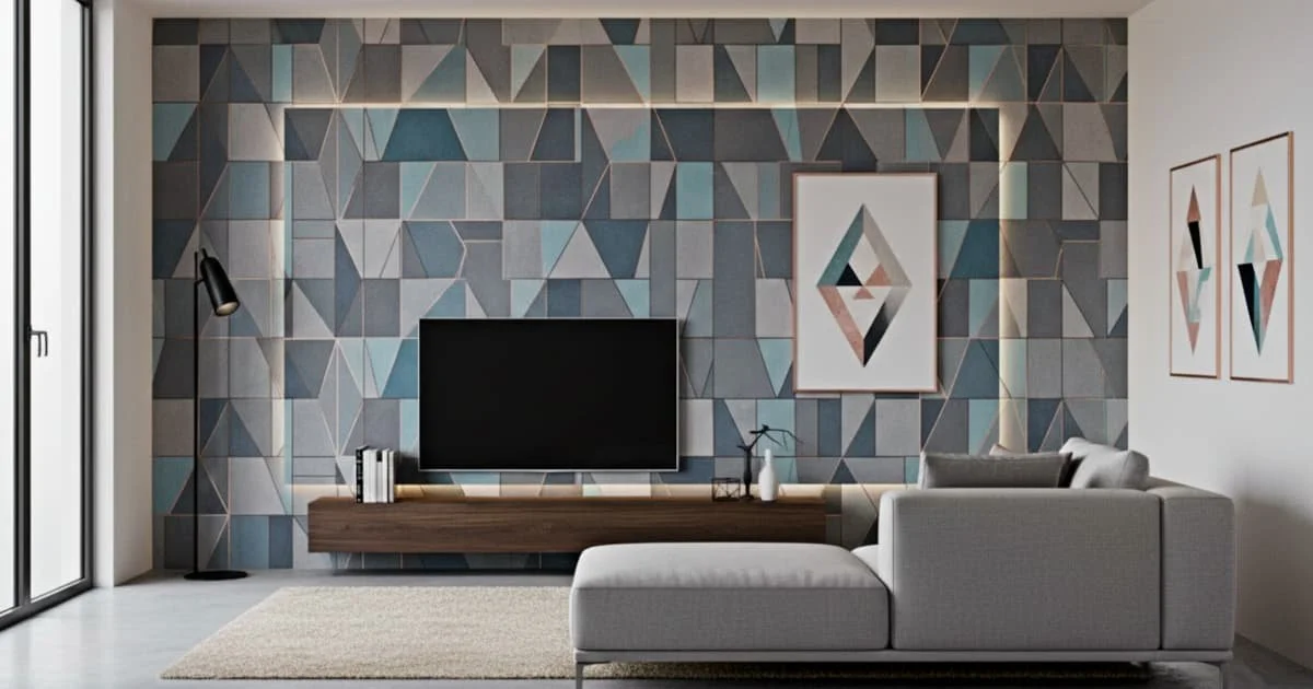 decoración de sala moderna con papel tapiz geométrico