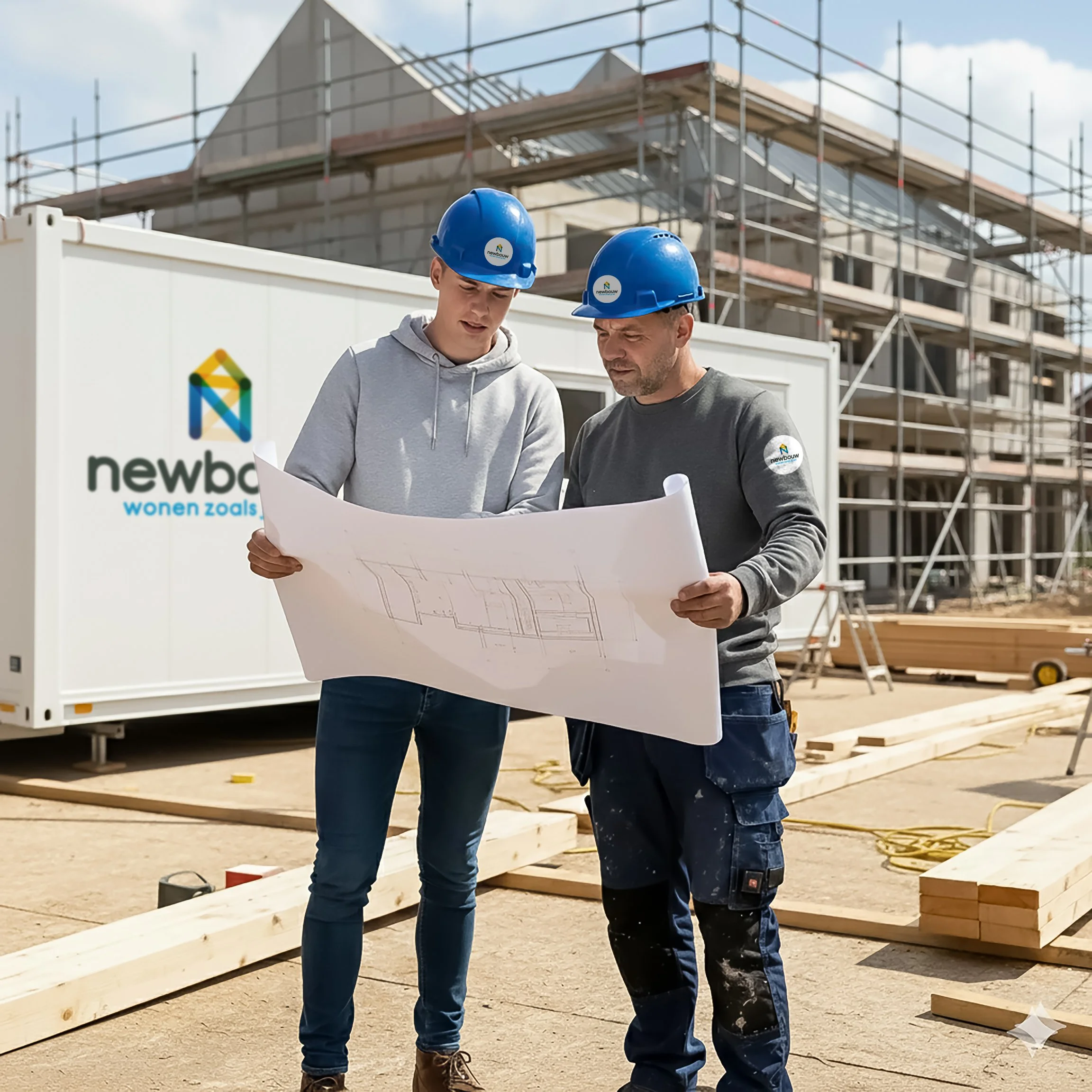Twee bouwvakkers met blauwe helmen bekijken bouwplan op een bouwplaats met houten balken en een gebouw in aanbouw.