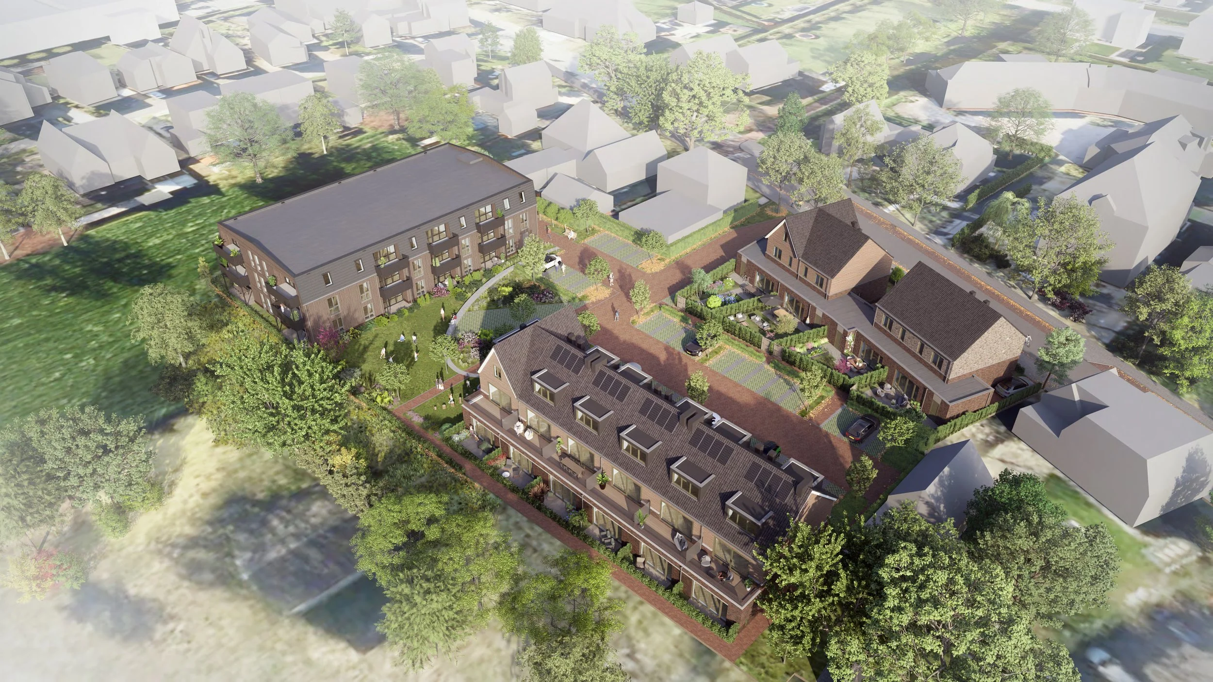 Artistieke rendering van een modern wooncomplex met appartementen en een tuin, omringd door andere woonhuizen en veel bomen.