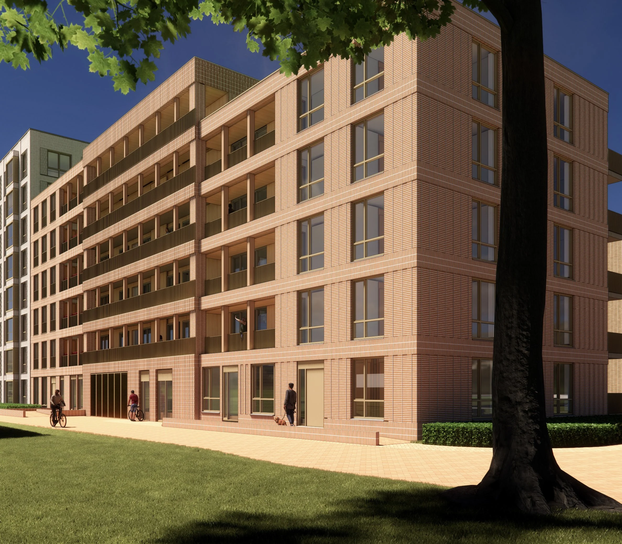 Moderne appartementengebouw met grote ramen en balkons, omringd door gras en bomen, mensen fietsen en wandelen in de omgeving.