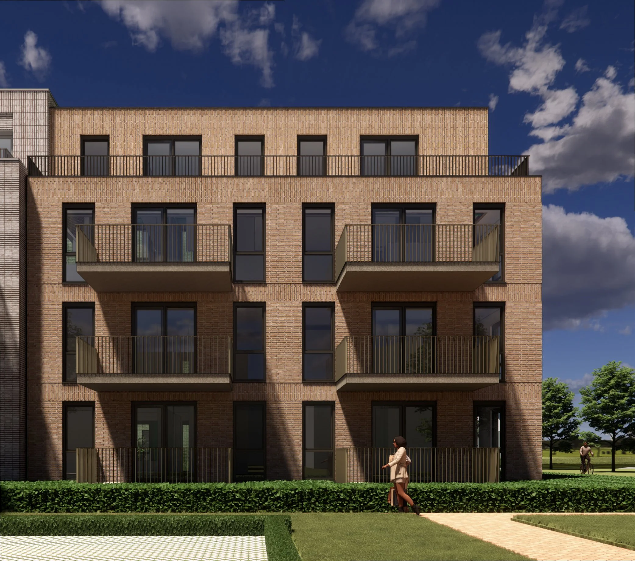 Modern appartementengebouw met glazen balkons en een tuin met gras en paden, enkele mensen wandelen.