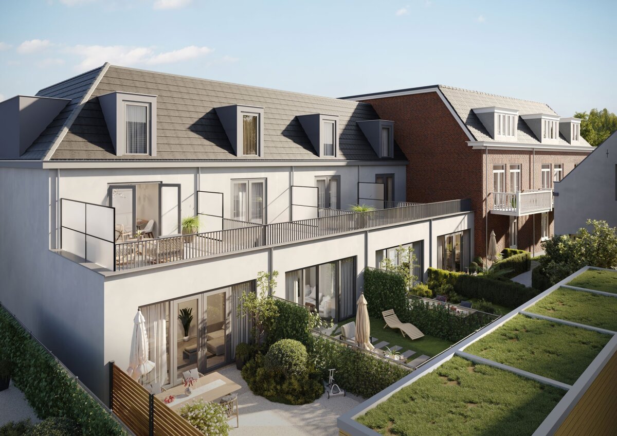 Moderne appartementengebouwen met dakterrassen en tuiners, met een grasveld op het dak en terrasmeubilair, onder een blauwe hemel.