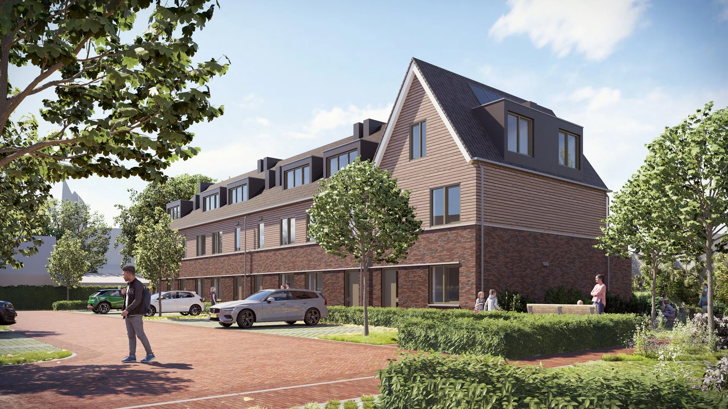 Moderne wooncomplex met meerdere verdiepingen, omgeven door een groen park met bomen en mensen die wandelen en ontspannen.