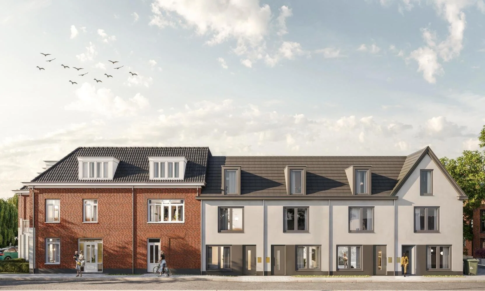 Nieuwe rijtjeshuizen aan een straat met mensen, fietsen en bomen, met een blauwe lucht en enkele wolken op de achtergrond.