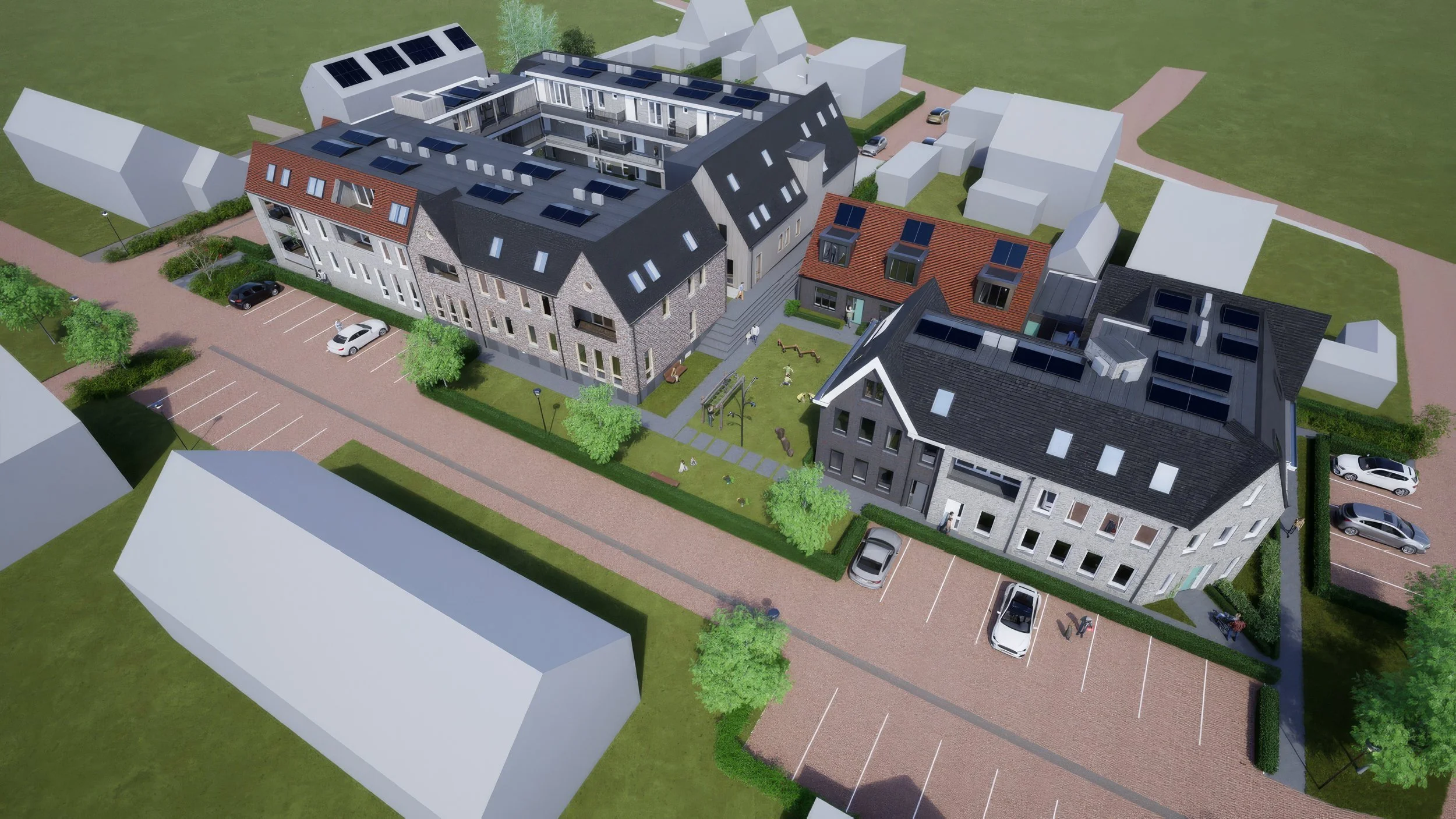 Een artistieke impressie van een modern residentieel complex met meerdere appartementen, groene ruimtes, parkeergelegenheid en een binnenplaats.
