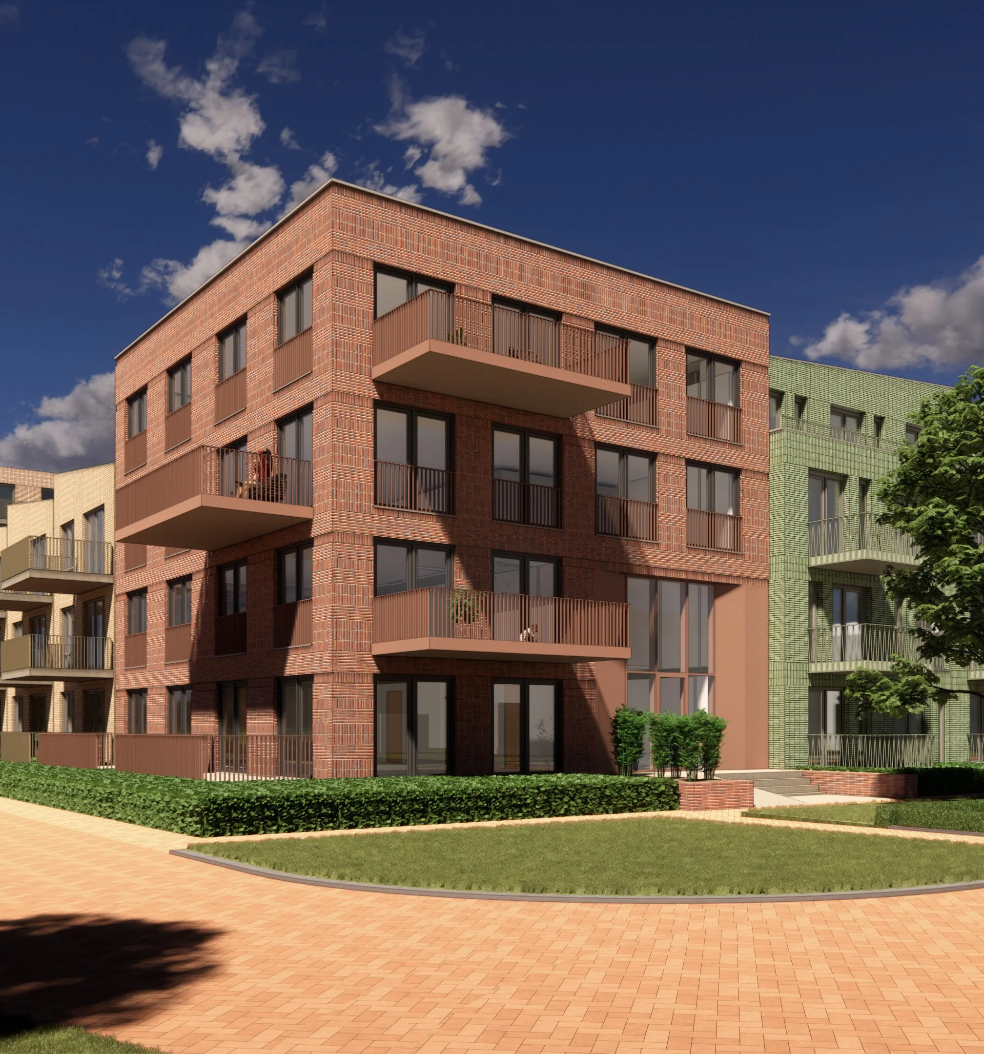 Een moderne, vier verdiepingen tellende woning met een hoekige architectuur, gemaakt van rood baksteen en voorzien van grote ramen en balkons. De woning is omgeven door een tuin met groen gras, struiken en een pad van lichtbruine tegels.