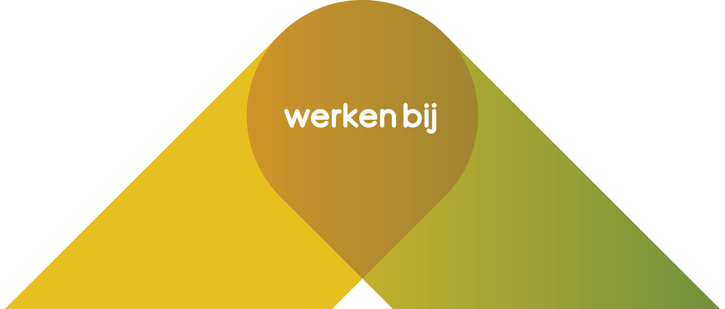 Grafisch ontwerp met kleurenblokken in zwart, geel, wit en groen, met de tekst 'werken bij' in het midden.