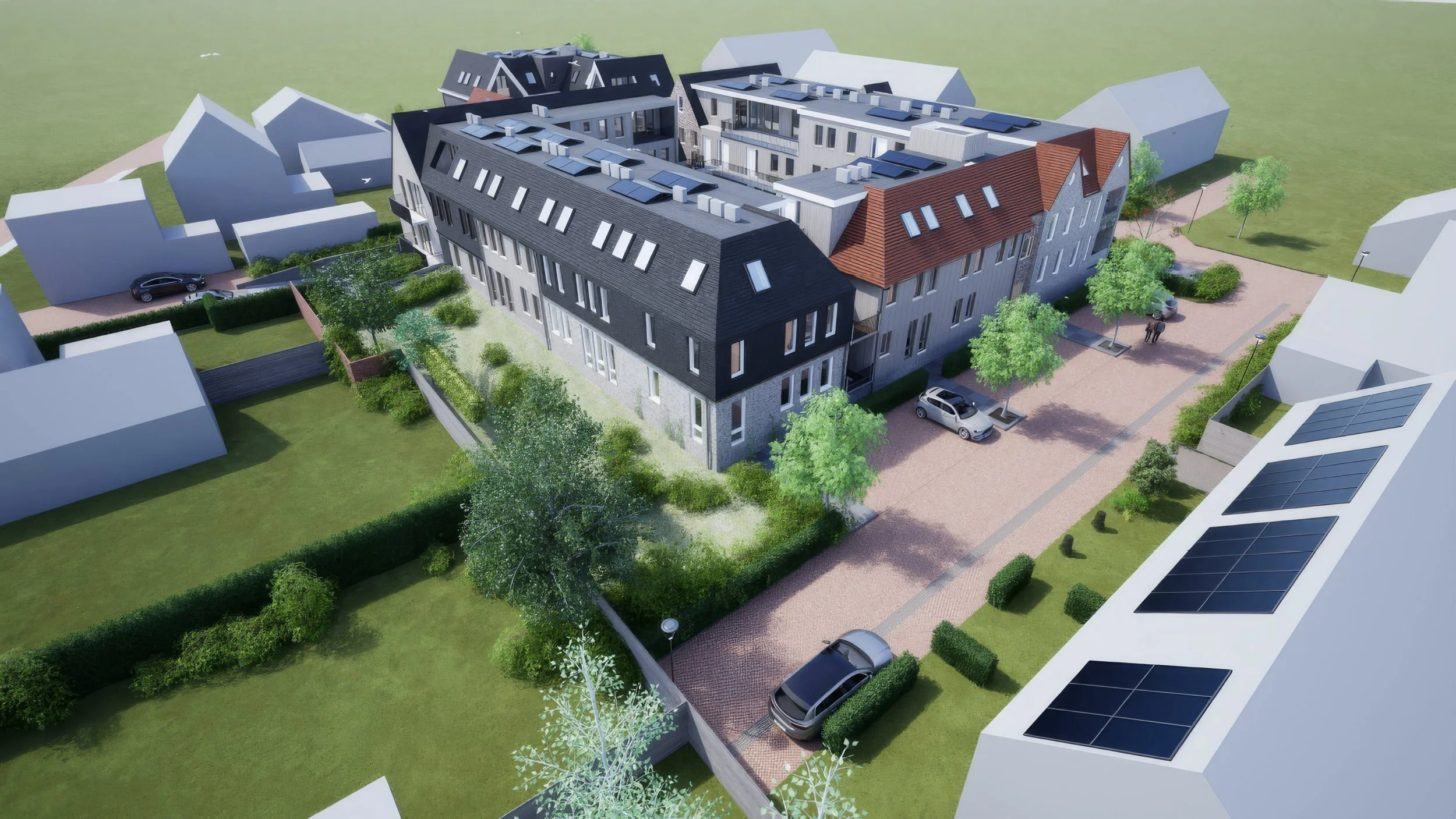 Een digitale 3D-rendering van een modern appartementencomplex met daken vol zonnepanelen, omgeven door groen gras, bomen en een parkeerplaats met auto's.