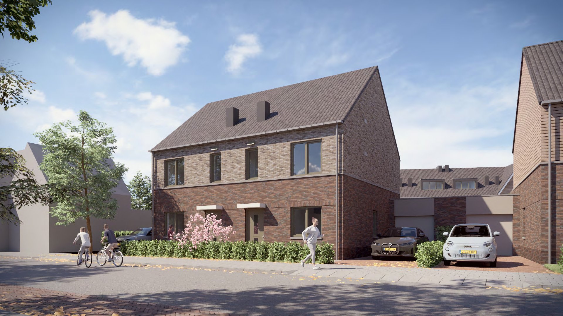 Nieuwbouwwoningen in een rustige woonwijk met mensen die fietsen en wandelen, groene bomen en een heldere blauwe lucht.