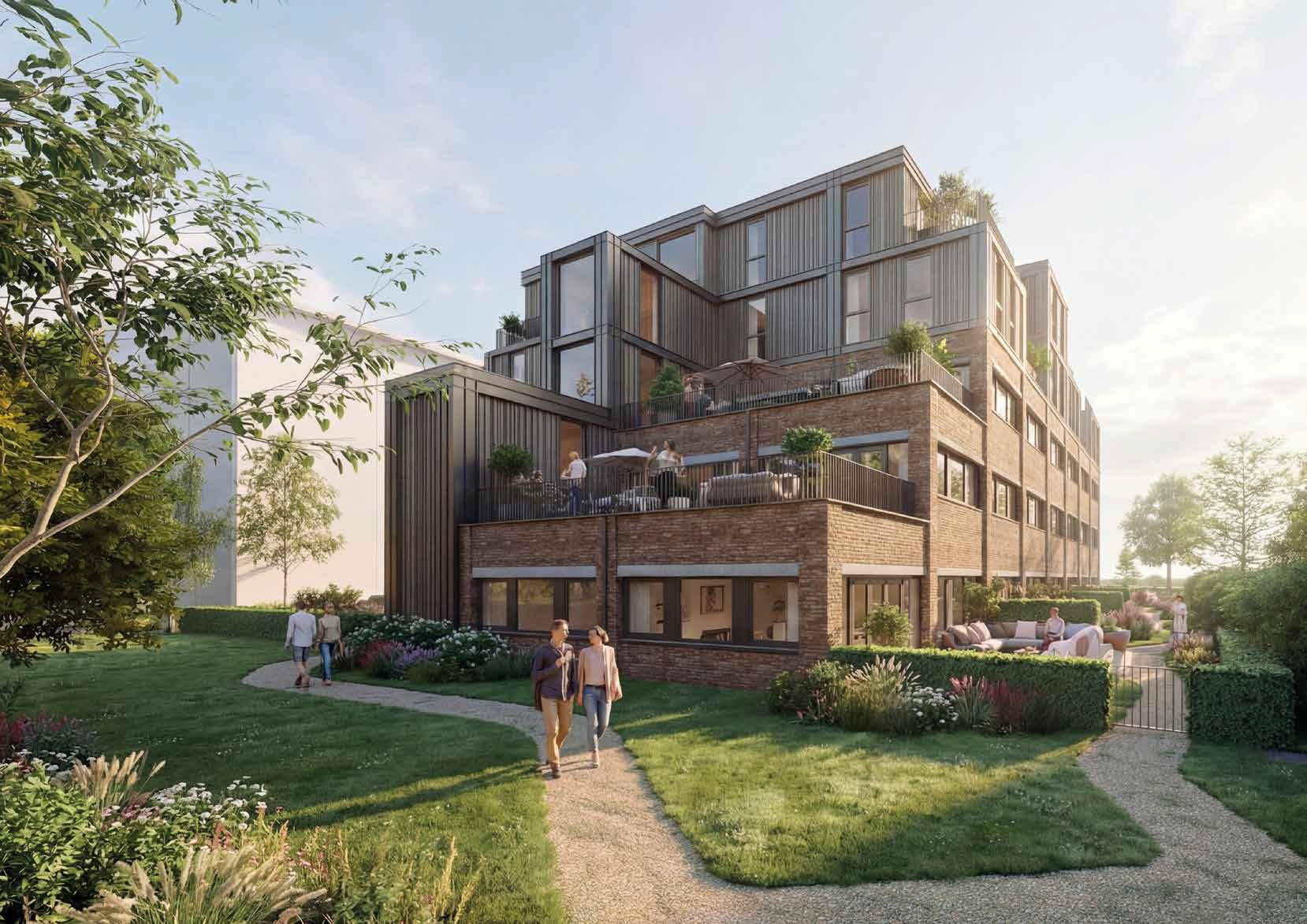 Een modern appartementencomplex met meerdere verdiepingen, gelegen in een groene wijk met een wandelpad en mensen die wandelen en genieten van de buitenruimte.