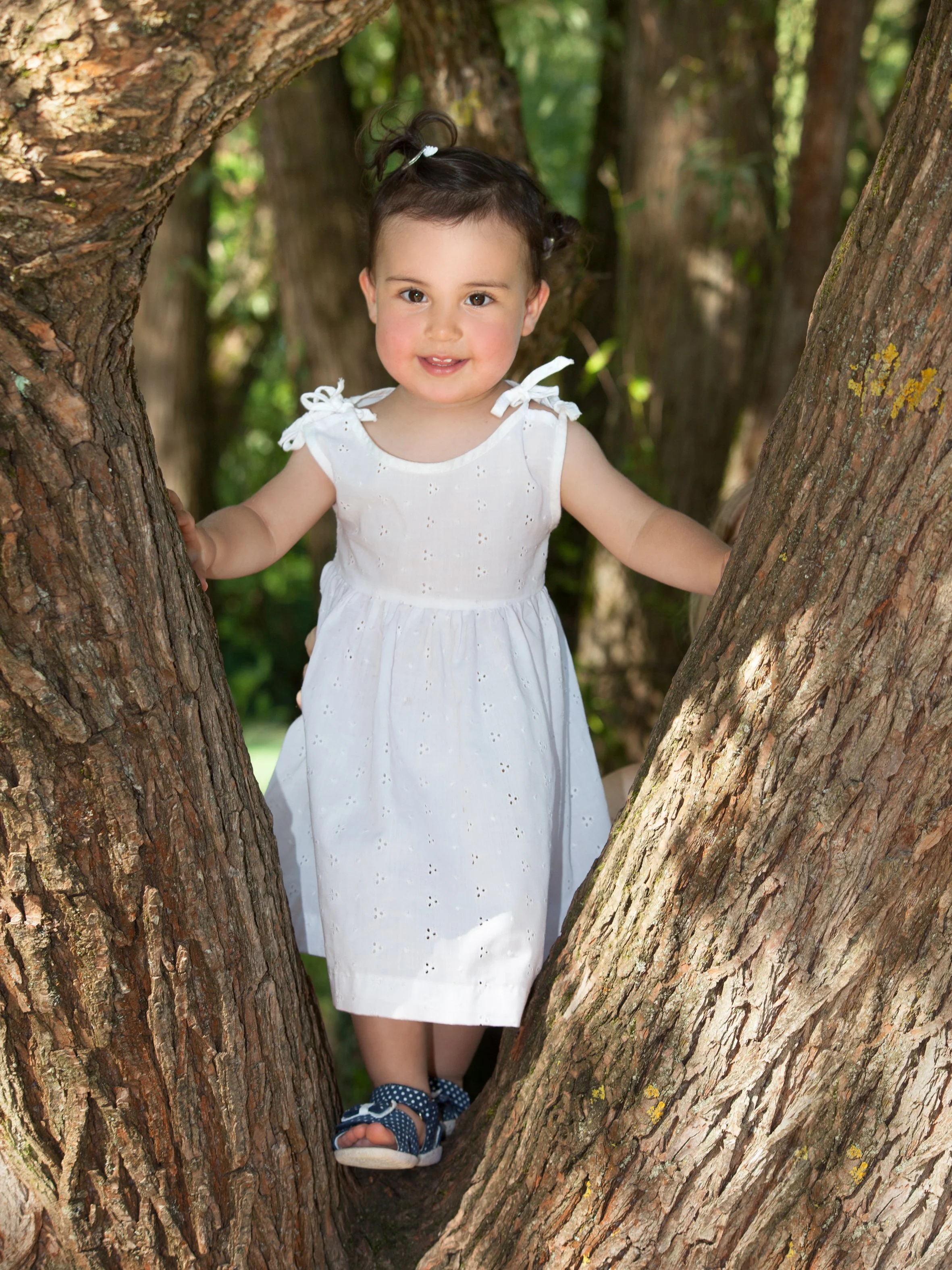 Ein glückliches kleines Mädchen in einem weißen Kleid steht in einem Baum im Wald, umgeben von Bäumen.