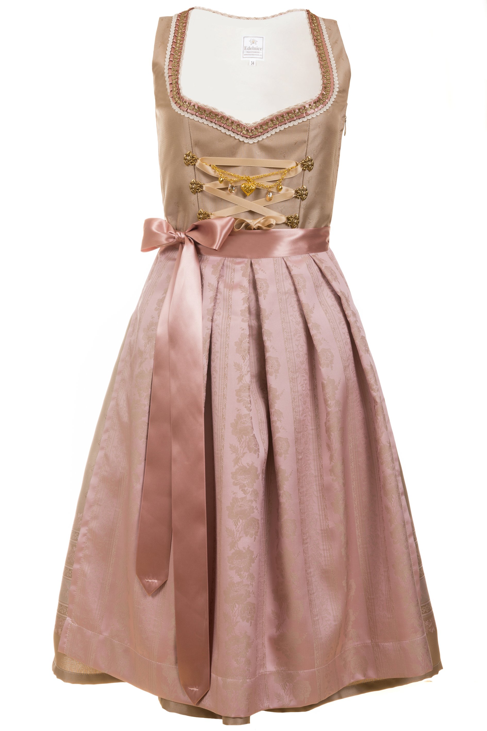 Traditionelles Dirndl in Pastellrosa mit goldenen Details, Schleife und Spitzenverzierungen.